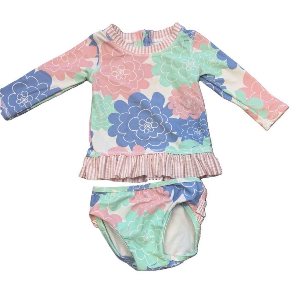 RuffleButts 2pc Rash Guard Swimsuit 6-12M Floral Ruffle Pink Blue